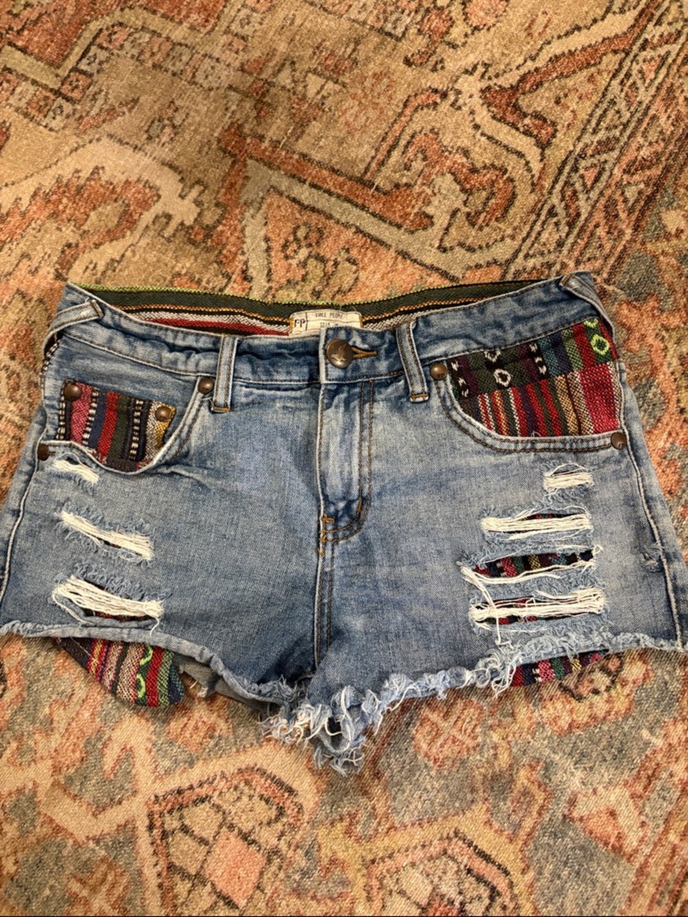 Free People Light Blue Distressed Denim Shorts with Multicolor Woven Trim